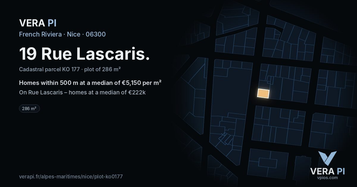 19 Rue Lascaris, Nice at night – the plot lit, the parcels around coloured by the prices near them