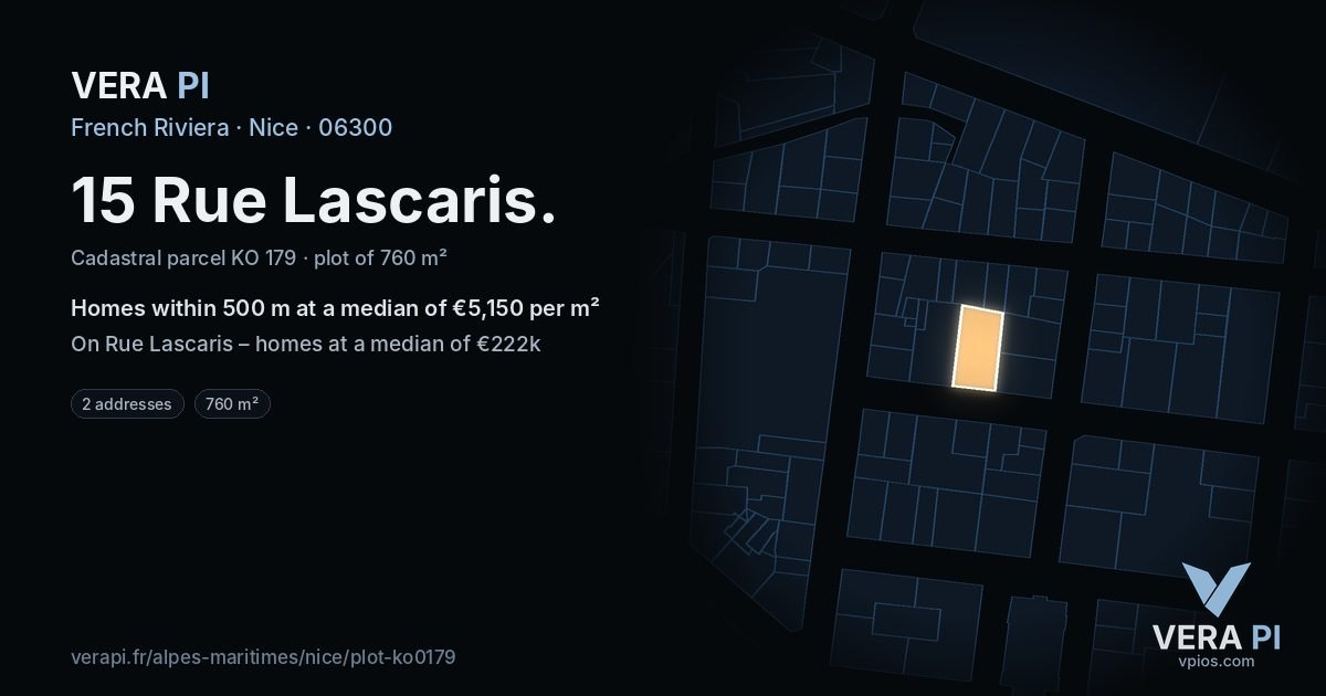 15 Rue Lascaris, Nice at night – the plot lit, the parcels around coloured by the prices near them
