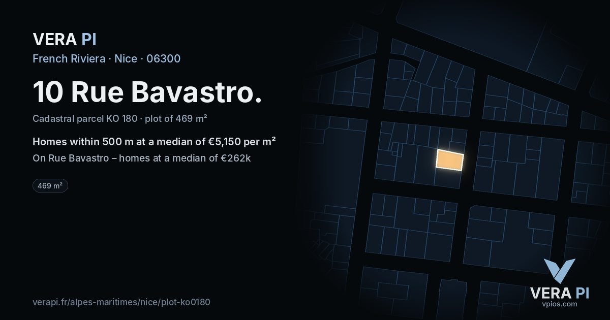 10 Rue Bavastro, Nice at night – the plot lit, the parcels around coloured by the prices near them