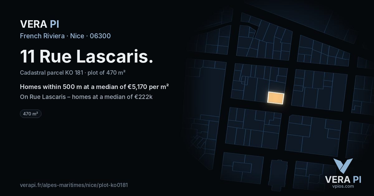 11 Rue Lascaris, Nice at night – the plot lit, the parcels around coloured by the prices near them