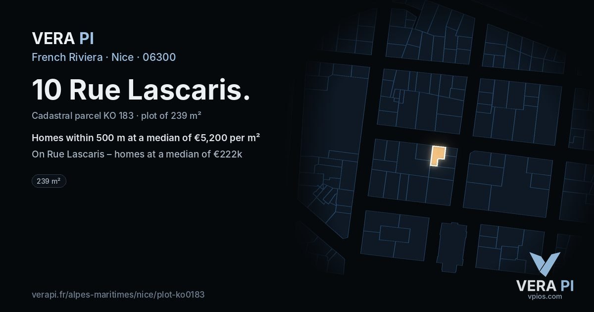 10 Rue Lascaris, Nice at night – the plot lit, the parcels around coloured by the prices near them