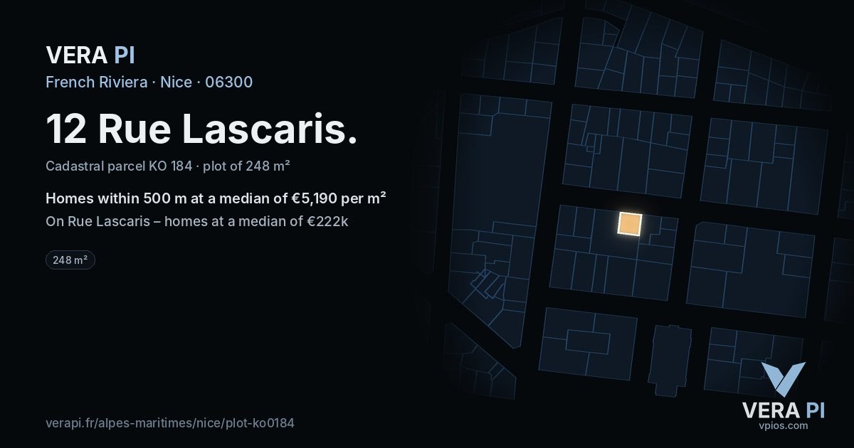 12 Rue Lascaris, Nice at night – the plot lit, the parcels around coloured by the prices near them