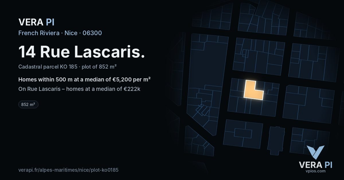 14 Rue Lascaris, Nice at night – the plot lit, the parcels around coloured by the prices near them
