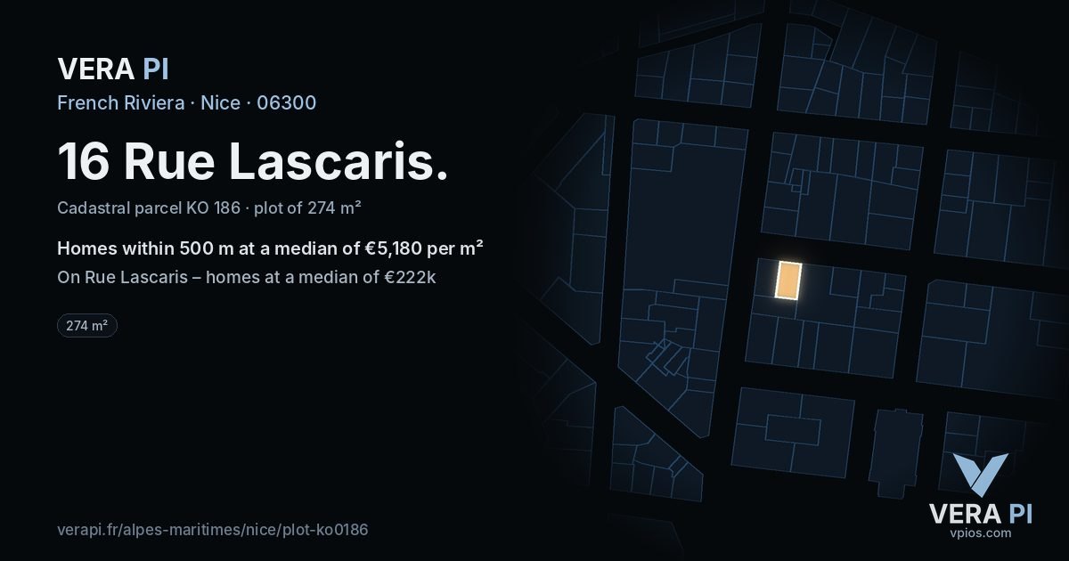 16 Rue Lascaris, Nice at night – the plot lit, the parcels around coloured by the prices near them