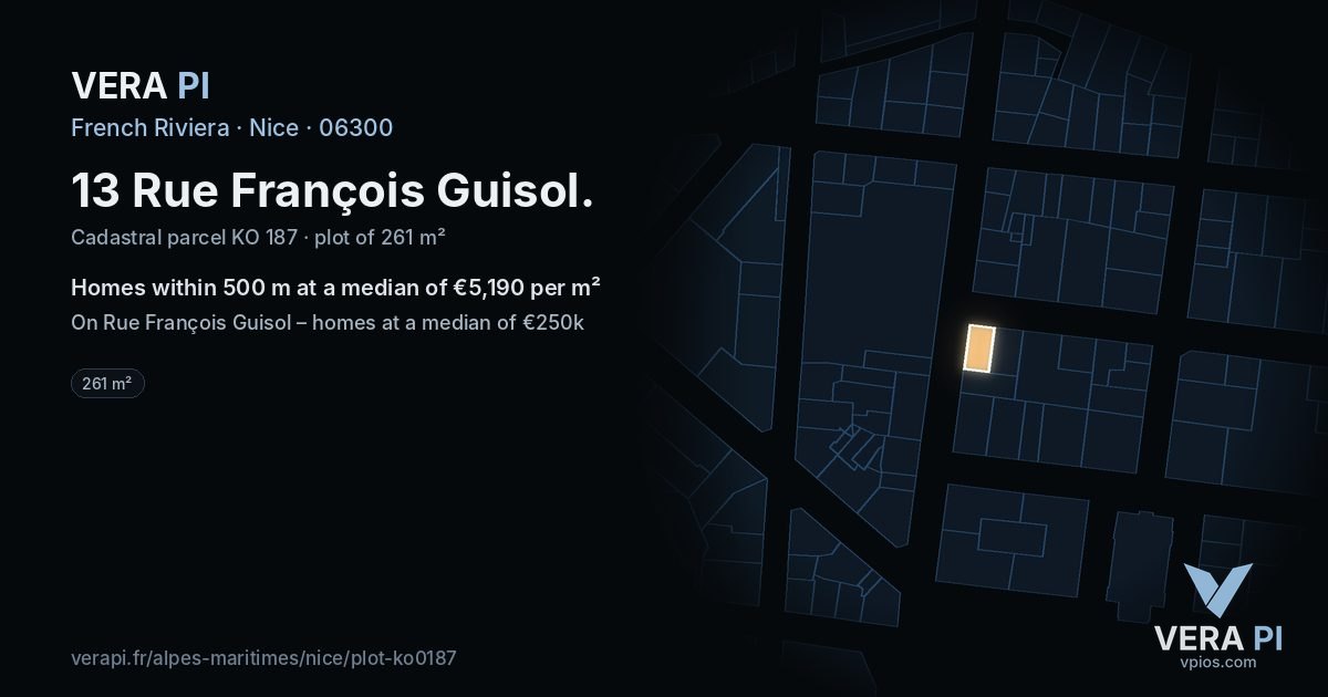13 Rue François Guisol, Nice at night – the plot lit, the parcels around coloured by the prices near them