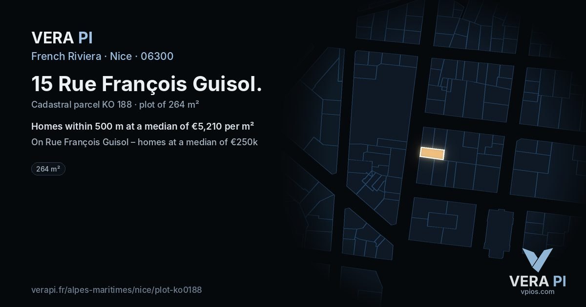 15 Rue François Guisol, Nice at night – the plot lit, the parcels around coloured by the prices near them