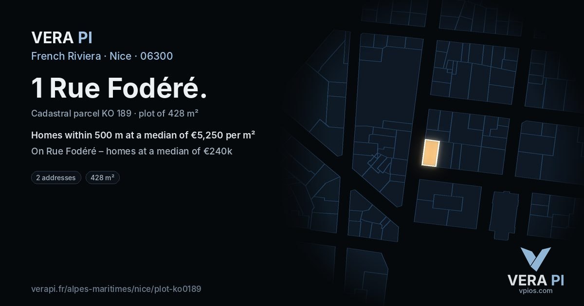 1 Rue Fodéré, Nice at night – the plot lit, the parcels around coloured by the prices near them