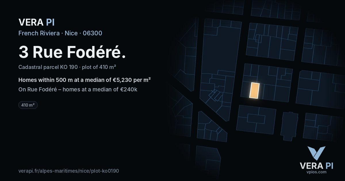 3 Rue Fodéré, Nice at night – the plot lit, the parcels around coloured by the prices near them