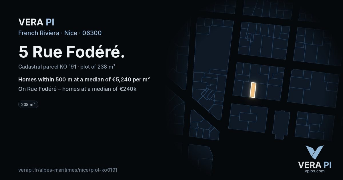 5 Rue Fodéré, Nice at night – the plot lit, the parcels around coloured by the prices near them