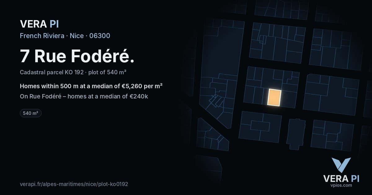 7 Rue Fodéré, Nice at night – the plot lit, the parcels around coloured by the prices near them