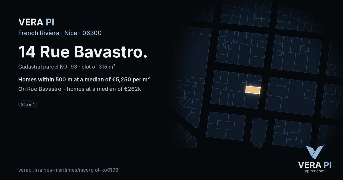 14 Rue Bavastro, Nice at night – the plot lit, the parcels around coloured by the prices near them