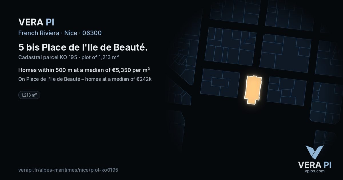 5 bis Place de l'Ile de Beauté, Nice at night – the plot lit, the parcels around coloured by the prices near them
