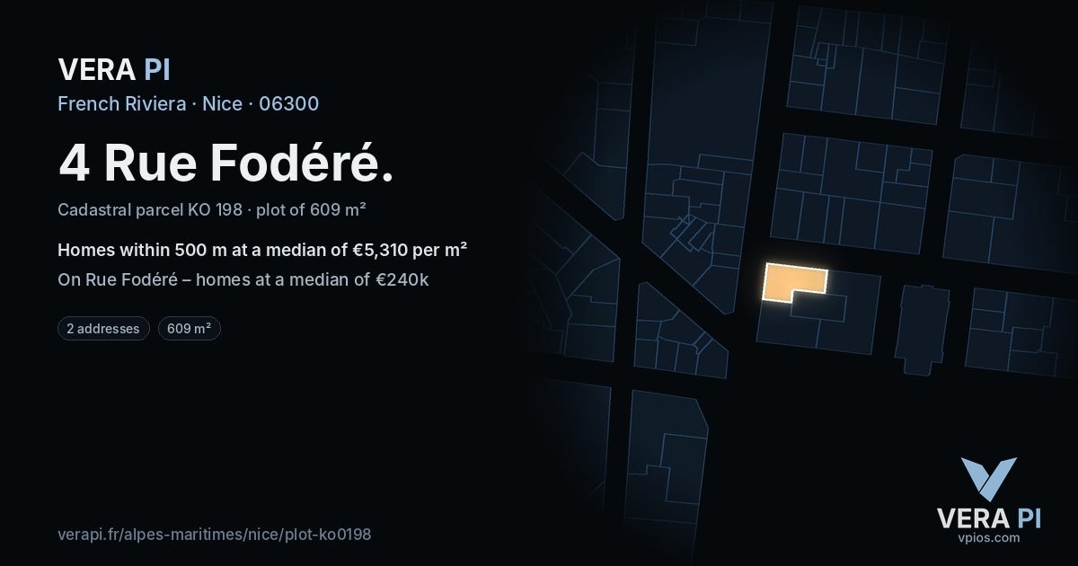 4 Rue Fodéré, Nice at night – the plot lit, the parcels around coloured by the prices near them