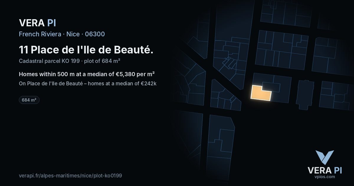 11 Place de l'Ile de Beauté, Nice at night – the plot lit, the parcels around coloured by the prices near them