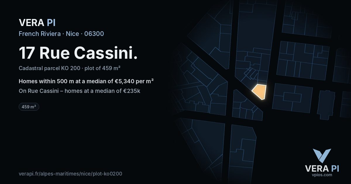 17 Rue Cassini, Nice at night – the plot lit, the parcels around coloured by the prices near them