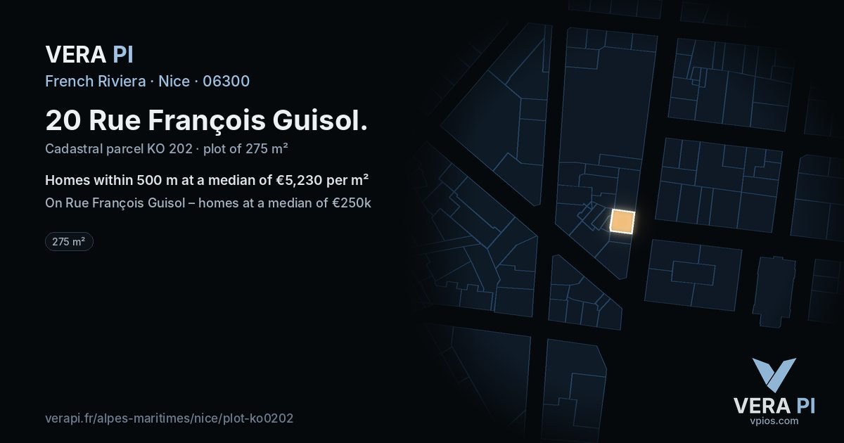 20 Rue François Guisol, Nice at night – the plot lit, the parcels around coloured by the prices near them