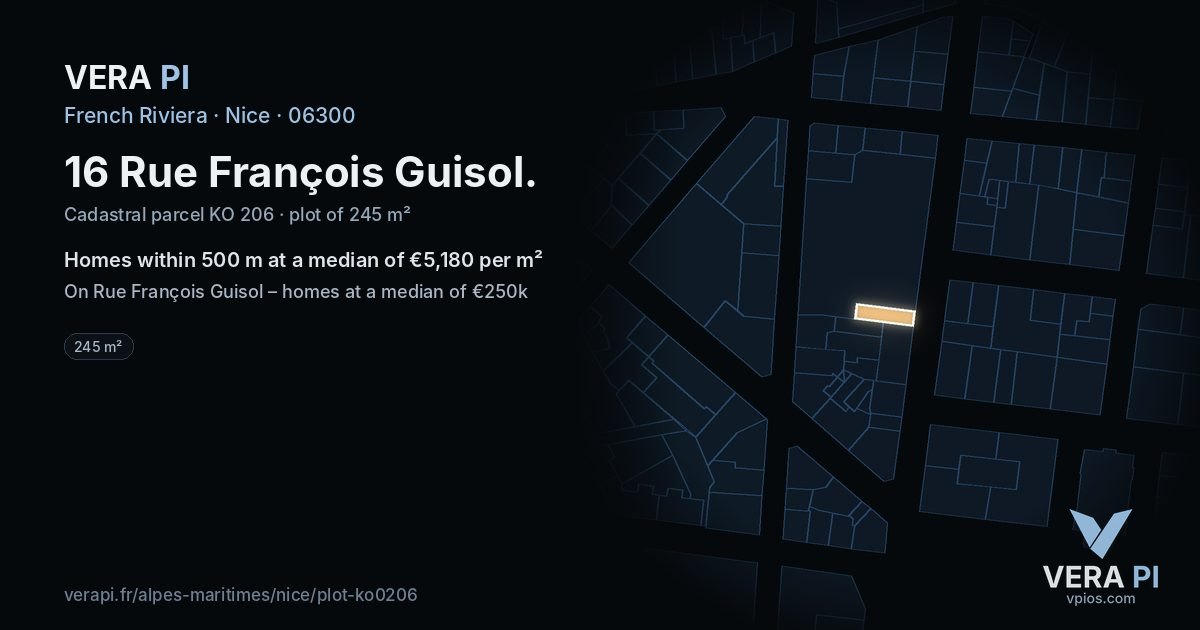 16 Rue François Guisol, Nice at night – the plot lit, the parcels around coloured by the prices near them