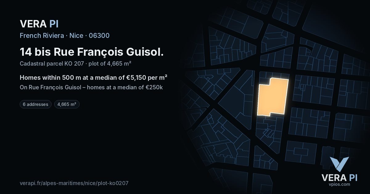 14 bis Rue François Guisol, Nice at night – the plot lit, the parcels around coloured by the prices near them
