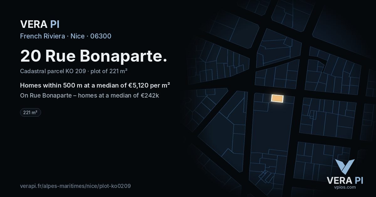 20 Rue Bonaparte, Nice at night – the plot lit, the parcels around coloured by the prices near them