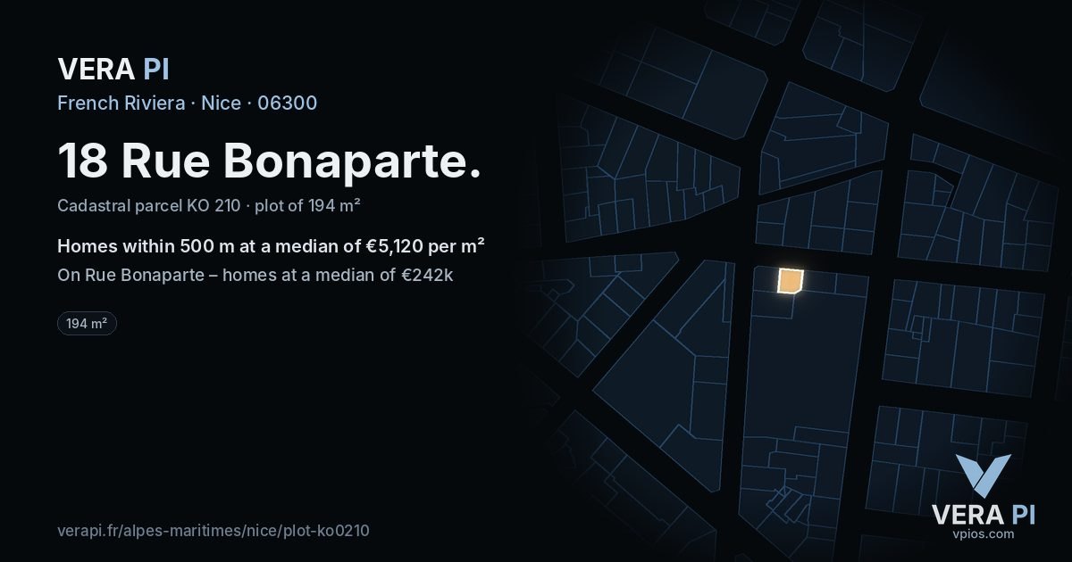 18 Rue Bonaparte, Nice at night – the plot lit, the parcels around coloured by the prices near them