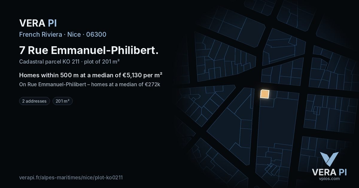 7 Rue Emmanuel-Philibert, Nice at night – the plot lit, the parcels around coloured by the prices near them