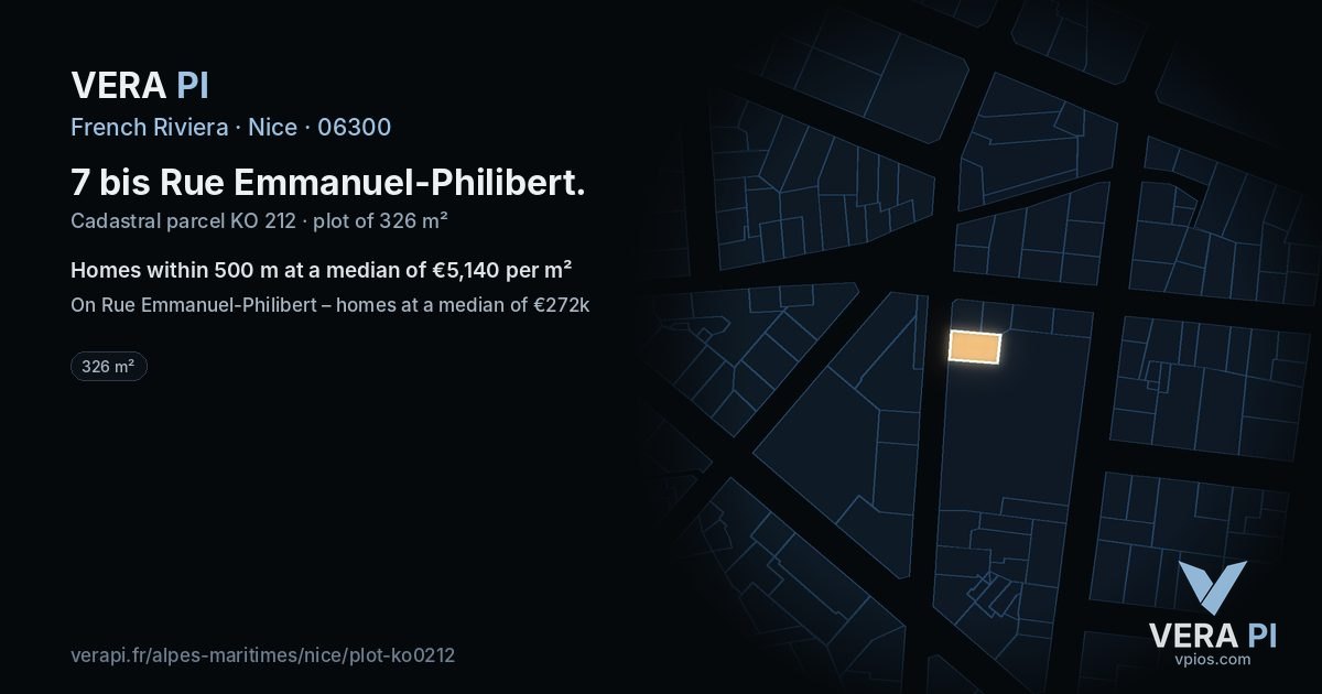 7 bis Rue Emmanuel-Philibert, Nice at night – the plot lit, the parcels around coloured by the prices near them