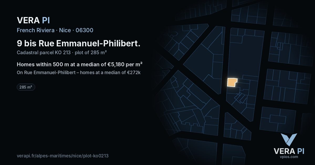 9 bis Rue Emmanuel-Philibert, Nice at night – the plot lit, the parcels around coloured by the prices near them
