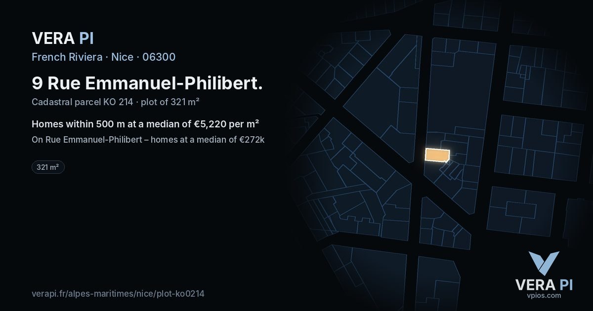 9 Rue Emmanuel-Philibert, Nice at night – the plot lit, the parcels around coloured by the prices near them
