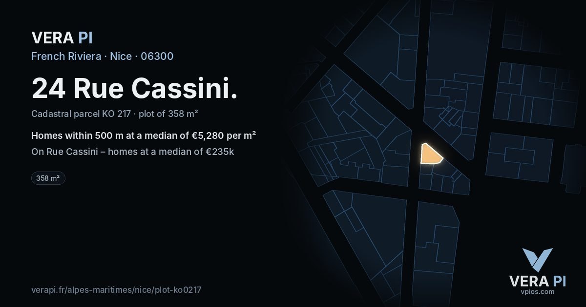 24 Rue Cassini, Nice at night – the plot lit, the parcels around coloured by the prices near them