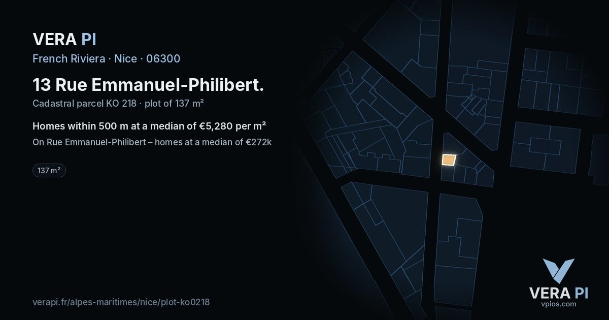 13 Rue Emmanuel-Philibert, Nice at night – the plot lit, the parcels around coloured by the prices near them