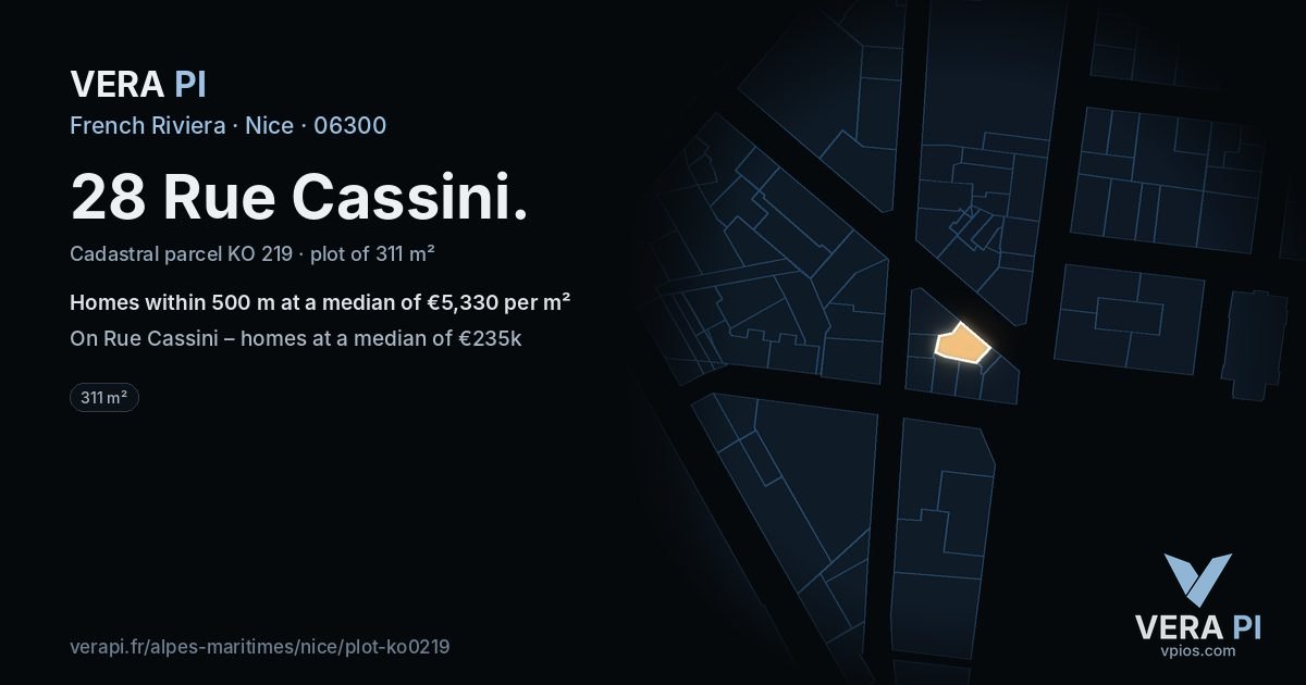 28 Rue Cassini, Nice at night – the plot lit, the parcels around coloured by the prices near them