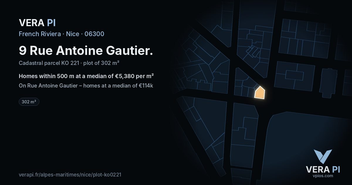 9 Rue Antoine Gautier, Nice at night – the plot lit, the parcels around coloured by the prices near them