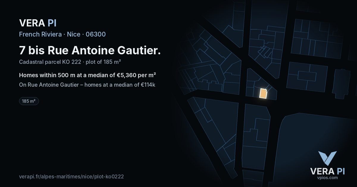 7 bis Rue Antoine Gautier, Nice at night – the plot lit, the parcels around coloured by the prices near them