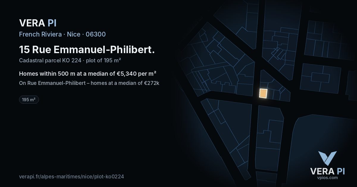 15 Rue Emmanuel-Philibert, Nice at night – the plot lit, the parcels around coloured by the prices near them