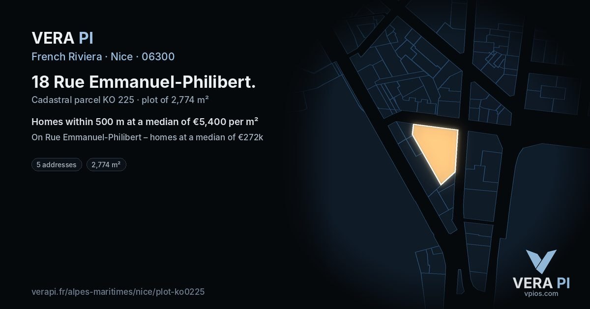 18 Rue Emmanuel-Philibert, Nice at night – the plot lit, the parcels around coloured by the prices near them