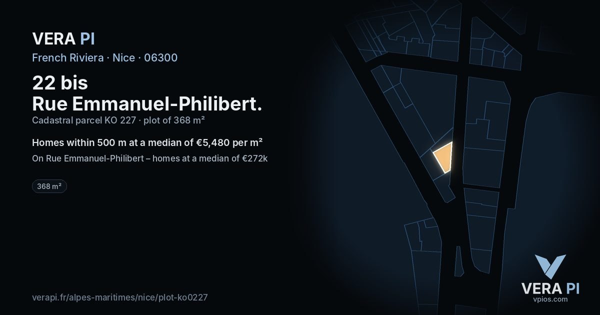 22 bis Rue Emmanuel-Philibert, Nice at night – the plot lit, the parcels around coloured by the prices near them