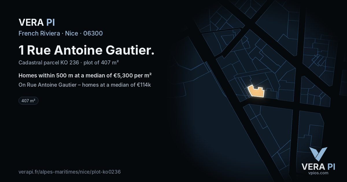 1 Rue Antoine Gautier, Nice at night – the plot lit, the parcels around coloured by the prices near them