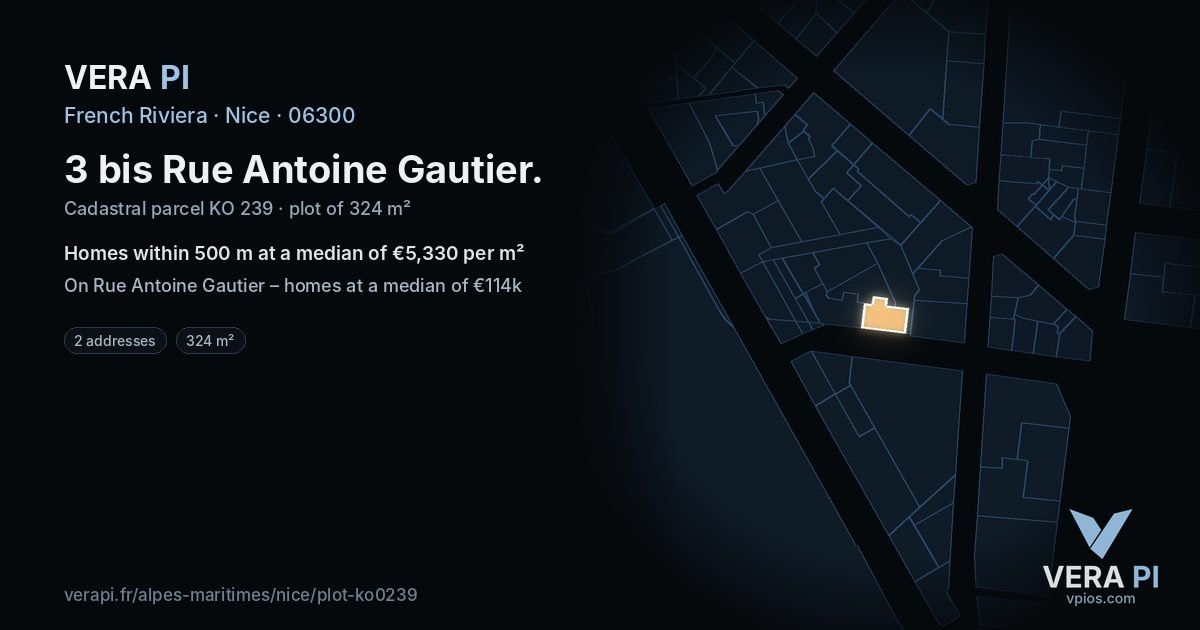 3 bis Rue Antoine Gautier, Nice at night – the plot lit, the parcels around coloured by the prices near them