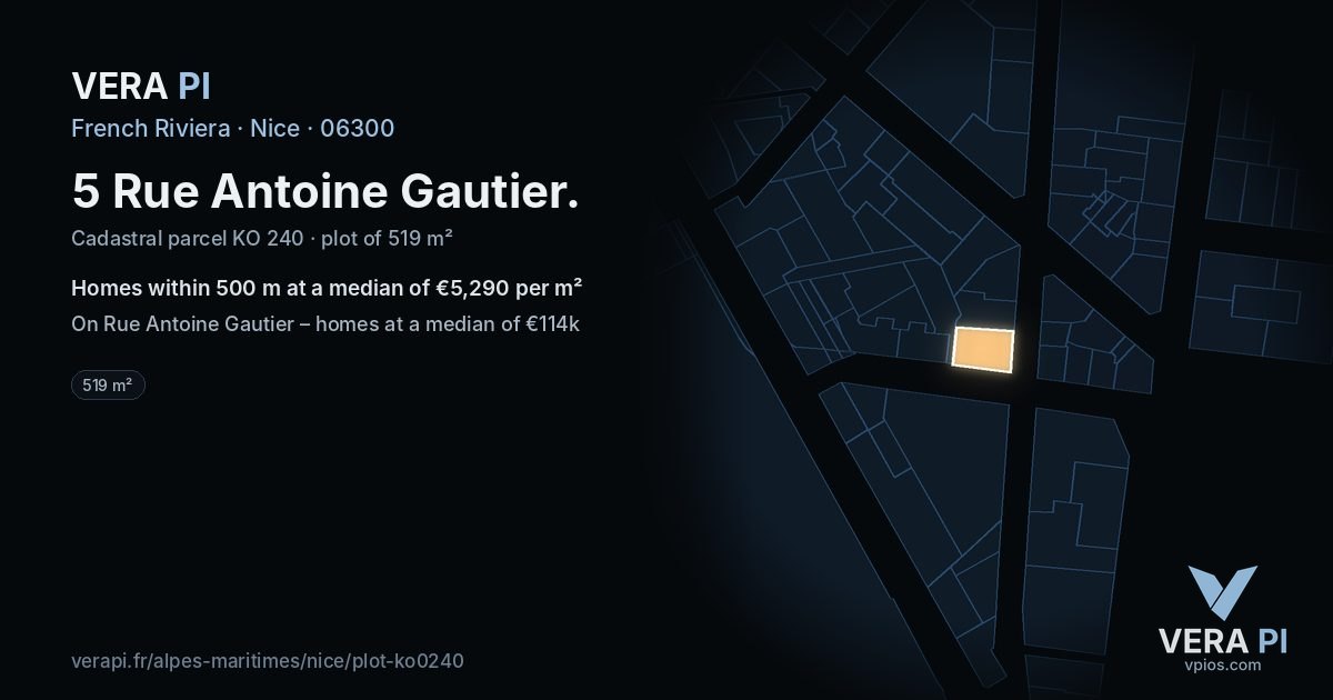 5 Rue Antoine Gautier, Nice at night – the plot lit, the parcels around coloured by the prices near them
