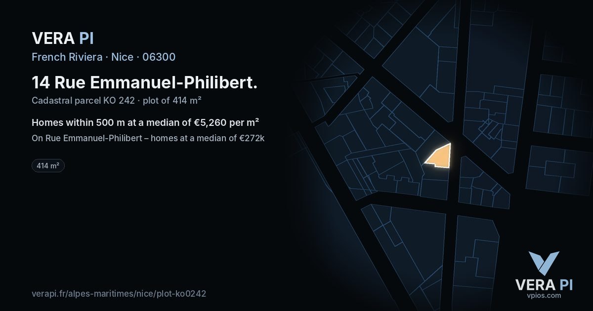 14 Rue Emmanuel-Philibert, Nice at night – the plot lit, the parcels around coloured by the prices near them