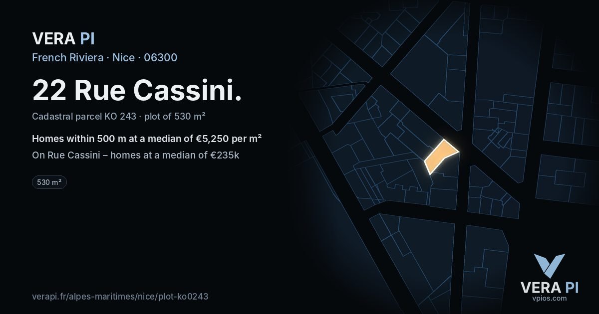 22 Rue Cassini, Nice at night – the plot lit, the parcels around coloured by the prices near them