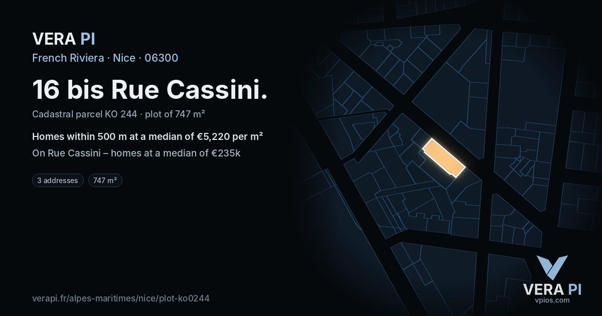16 bis Rue Cassini, Nice at night – the plot lit, the parcels around coloured by the prices near them
