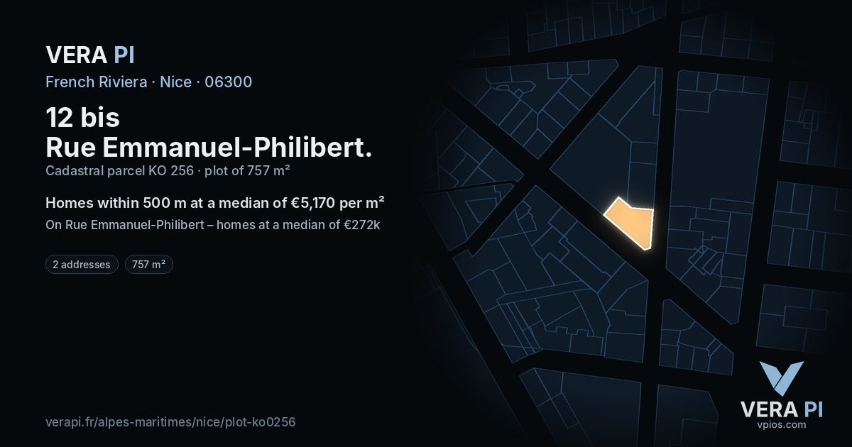 12 bis Rue Emmanuel-Philibert, Nice at night – the plot lit, the parcels around coloured by the prices near them
