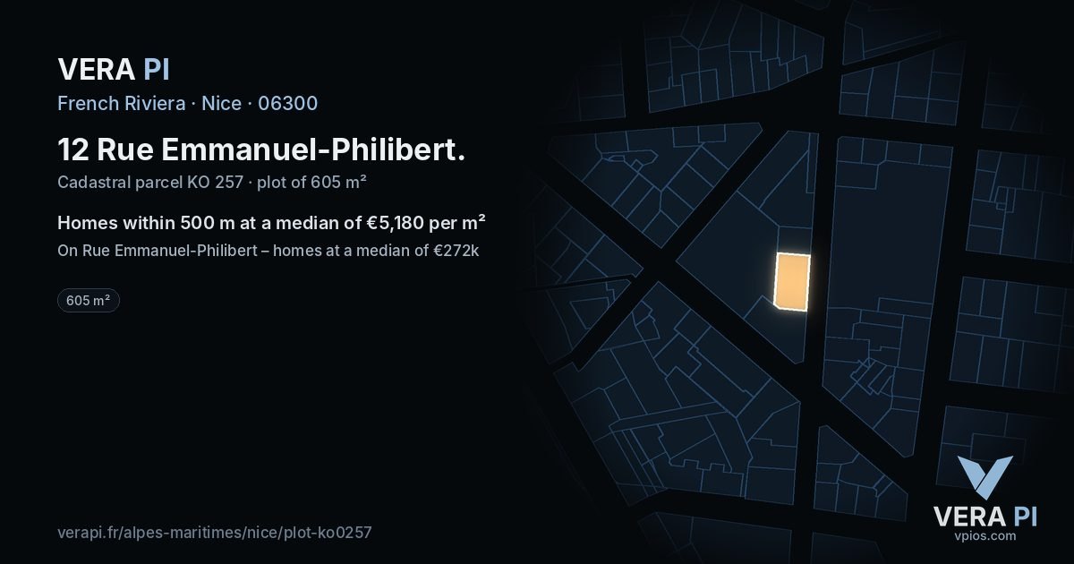 12 Rue Emmanuel-Philibert, Nice at night – the plot lit, the parcels around coloured by the prices near them