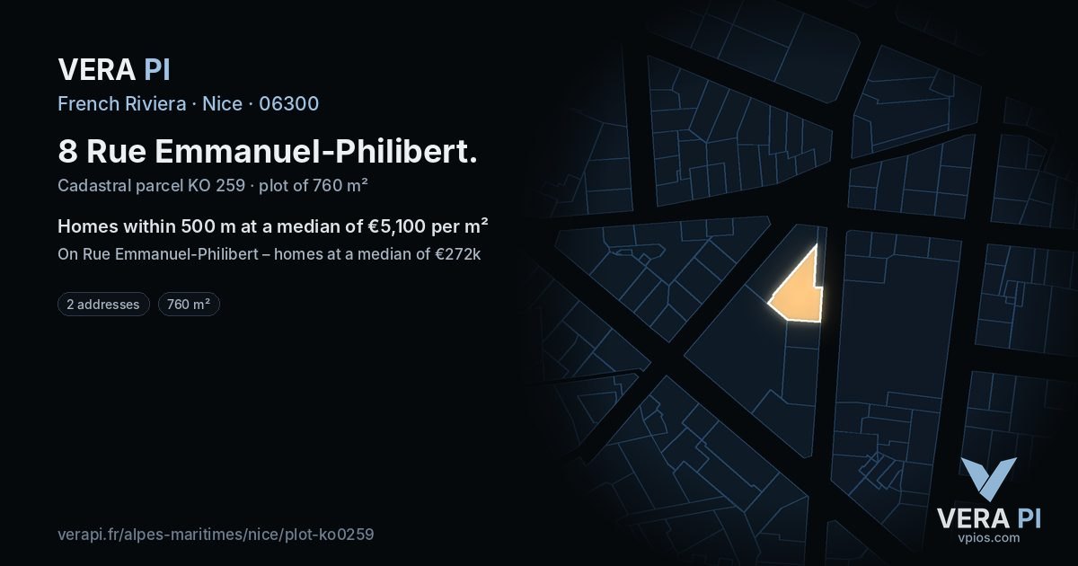 8 Rue Emmanuel-Philibert, Nice at night – the plot lit, the parcels around coloured by the prices near them