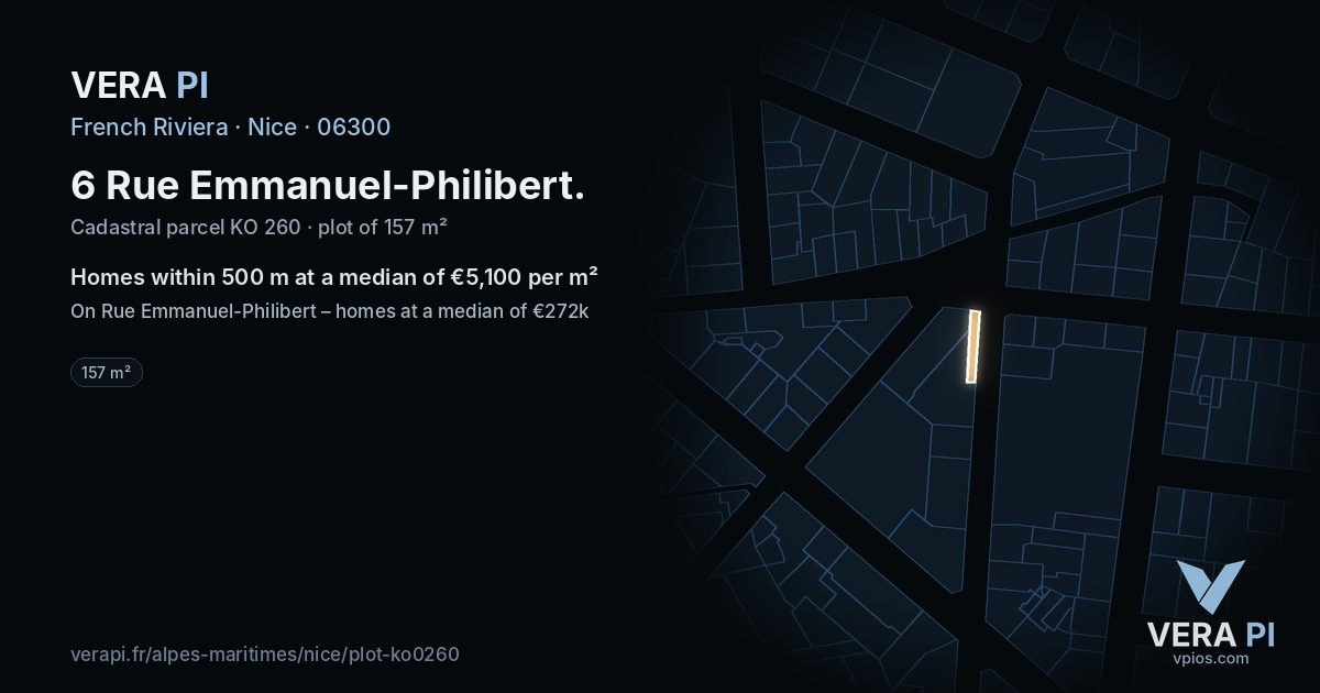 6 Rue Emmanuel-Philibert, Nice at night – the plot lit, the parcels around coloured by the prices near them