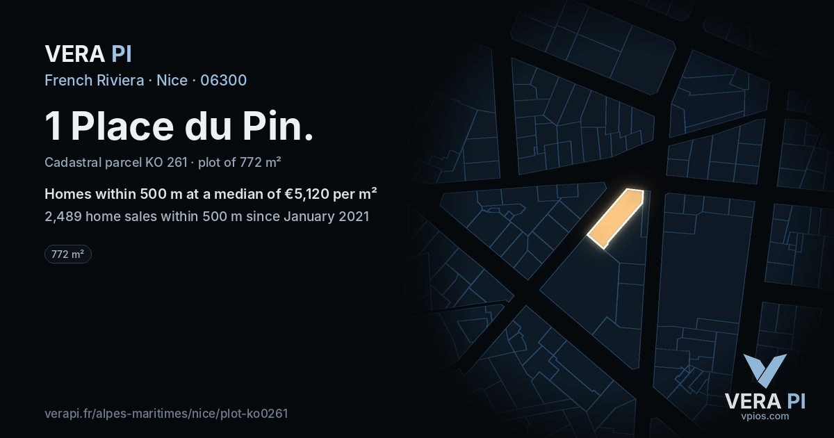 1 Place du Pin, Nice at night – the plot lit, the parcels around coloured by the prices near them