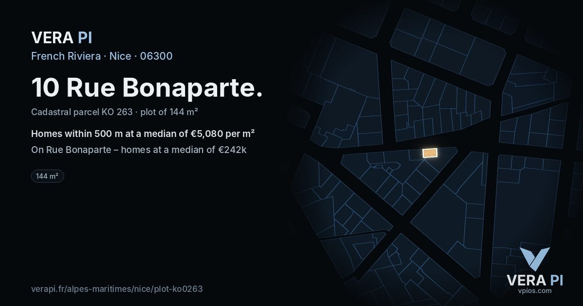 10 Rue Bonaparte, Nice at night – the plot lit, the parcels around coloured by the prices near them