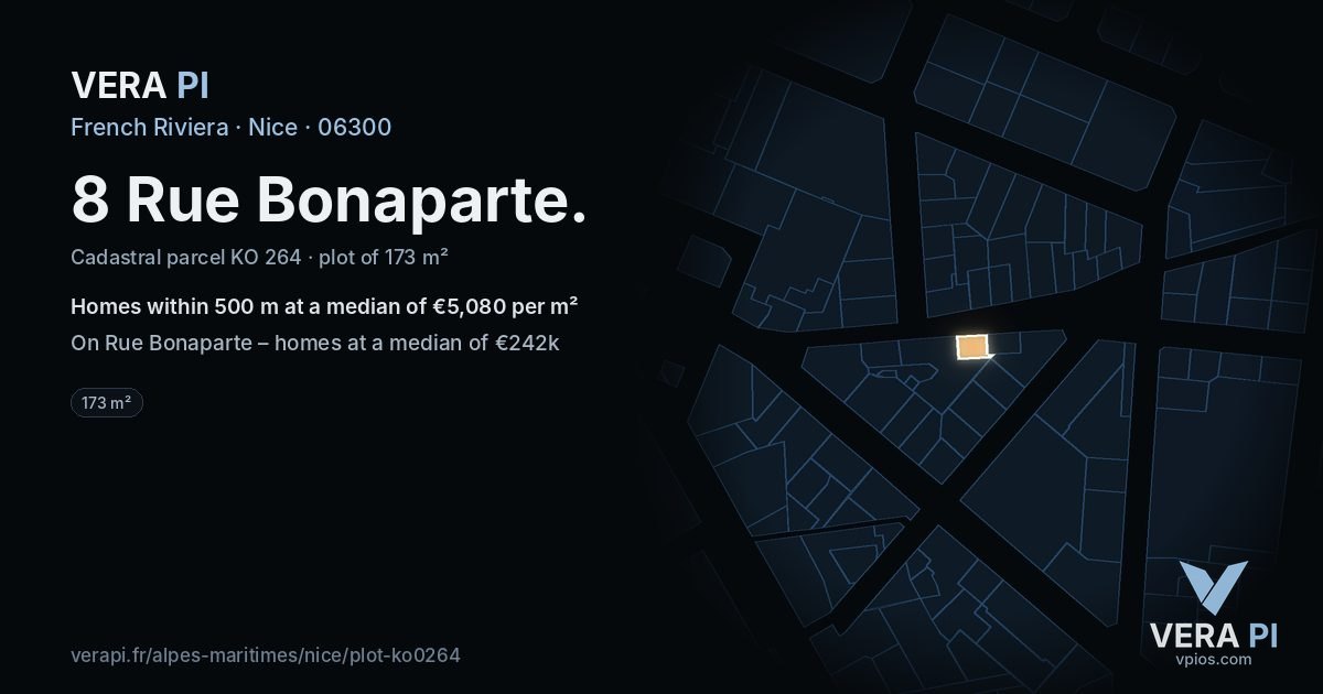 8 Rue Bonaparte, Nice at night – the plot lit, the parcels around coloured by the prices near them
