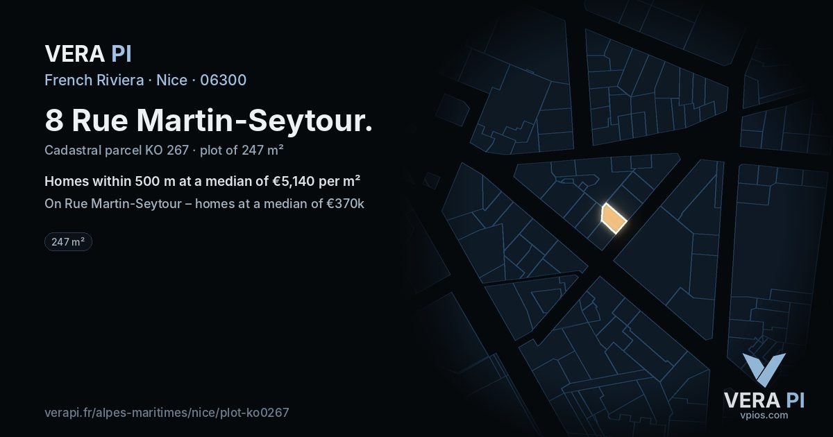 8 Rue Martin-Seytour, Nice at night – the plot lit, the parcels around coloured by the prices near them